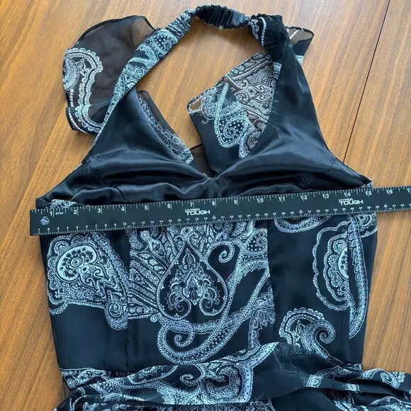 White House Black Market Paisley Midi Dress Halter Black White Wrap Bow Size 0 - Picture 6 of 7